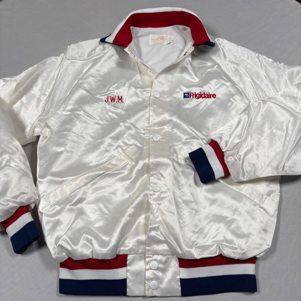 Vintage 1980s King Louie Frigidaire Satin Jacket S USA Back Patch Bomber White